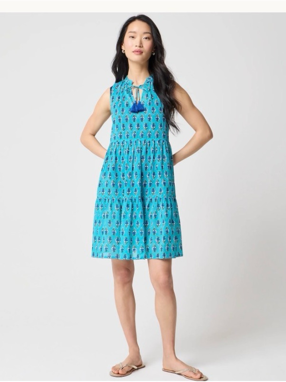 J. Crew Factory Frosted Aqua Sleeveless Tiered Dress with Tassel Tie